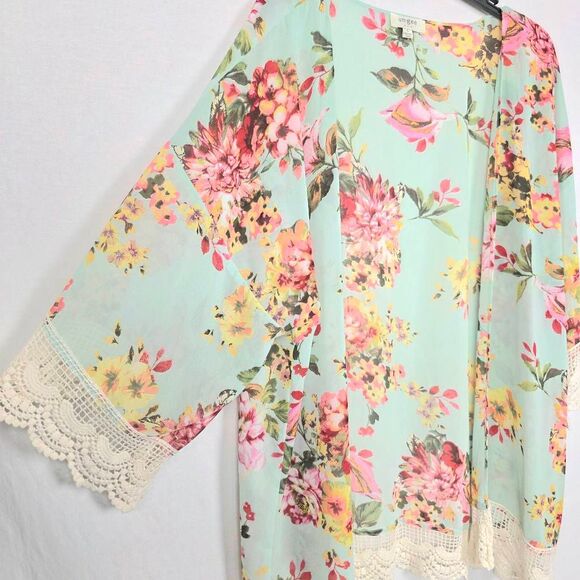 Umgee Floral Kimono Crochet Trim Mint Green S - Picture 2 of 7